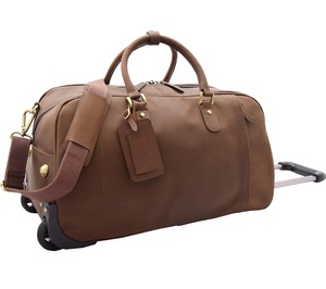 Wholesale Brown Leather Wheeled <strong>Holdall</strong>, Overnight Bag with Rolling <strong>Wheels</strong> , <strong>Large</strong> Carry-<strong>on</strong> Travel Luggage for Men - Product Image 1