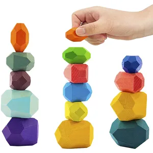 16 Pcs Houten Stone Balancing Blokken-Kleurrijke Hout Steen Bouwstenen Natuurlijke Regenboog Balancing Stapelen Spel