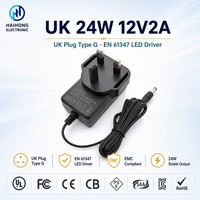 Alimentation LED 12V 2A 24W EN 61347 Prise UK 3 Broches, Niveau VI d'Efficacité, Sortie CC pour Bande LED et Éclairage de Meuble