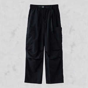Pantalon décontracté noir à jambes larges, taille élastique, cordon de serrage, plusieurs poches, streetwear pour hommes - Product Image 3
