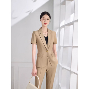 Women's Short Sleeve <b>Blazer</b> And Trousers <b>Set</b> Formal Workwear Anti-Wrinkle Worsted Commute Suit - Product Image 2