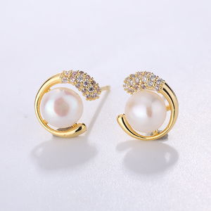 S925 <b>Silver</b> Gold Plated Swirl Freshwater Pearl <b>Stud</b> Earrings CZ Pave Spiral Elegant Jewelry Gift for Women - Product Image 2