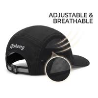 Casquette de campinguriste personnalisée à 6 panneaux, visière plate, en polyester respirant avec dos en maille, logo haute fréquence, boucle latérale réglable