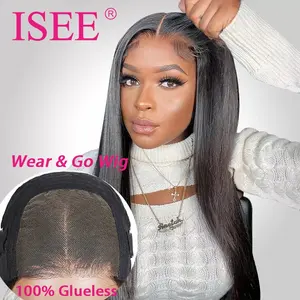 ISEE 100% No Glue Ready To Go Wigs HD 스위스 레이스 클로저 인간의 머리 가발 블랙 여성 돔 캡 리얼 글루리스 착용 고 가발