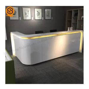 L shape acrylic solid surface reception counter design for hotel with LED light