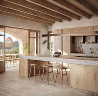 Ensemble d'armoires de cuisine en bois rustique Vermonhouzz, style ferme, sans poignées, placage bois naturel, avec grand îlot central