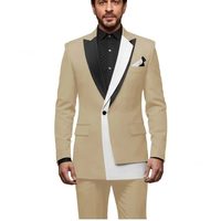 Setelan Pria Slim Fit Kerah Runcing Warna Kontras Kancing Tunggal untuk Pertemuan Bisnis Kasual Elegan Dua Potong (Jas dan Celana)