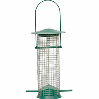 Mangeoire à oiseaux en cage longue en bronze/vertigrine avec dôme, tube central pour graines et poignée de suspension – Écologique et résistante à la rouille pour le jardin