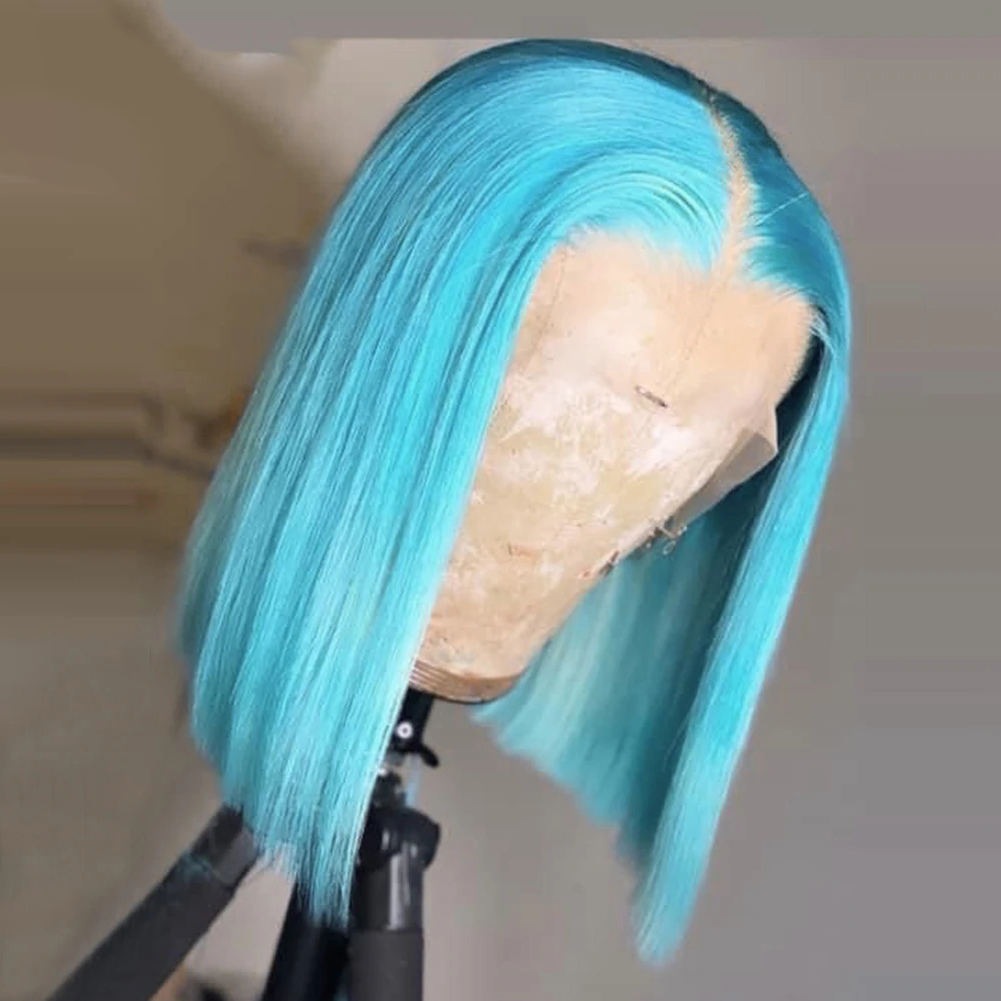 Light Blue Short Bob Lace Wigs Transparent 5X5 Lace Closure Human Hair Wigs Middle Part Brazilian Hair Wig 150% 8-14"