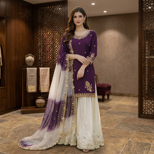 Ensemble Kurti Sharara Gharara en Crêpe Brodé de Paillettes Indiennes Cousues, Vêtements Ethniques pour l'Hiver, Diwali, Mariages et Fêtes - Vente en Gros - Product Image 1