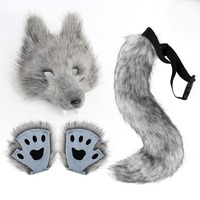 2026 Ensemble de masque de loup simulé en usine, crocs de loup, queue d'animal 3D en peluche de polyester tombante, accessoires de fête d'Halloween