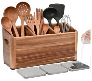 Porte-ustensiles en bois personnalisé pour comptoir de cuisine, grand organisateur d'ustensiles avec 3 compartiments, pot à outils de cuisine, style farmhouse - Product Image 1