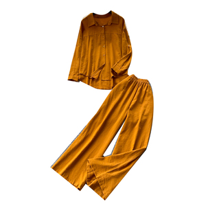 Completo Casual da <span class=keywords><strong>Donna</strong></span> in Due Pezzi: Camicia con Colletto e Bottoni a Maniche Lunghe, Pantaloni a Vita Alta Elasticizzata e Gamba Larga, per Uso Quotidiano Primavera-Autunno - Product Image 5