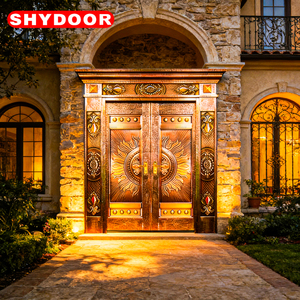 Porte de sécurité de luxe en cuivre avec cœur en acier inoxydable, double porte d'entrée principale pour villa, porte extérieure personnalisée en <span class=keywords><strong>acajou</strong></span> pour manoir - Product Image 1