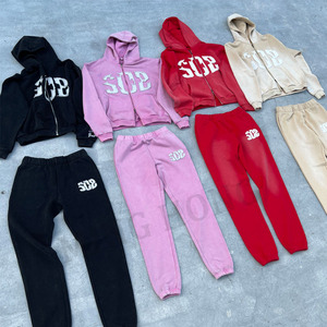 Vêtements de rue brodés d'autocollants de différentes couleurs, ensemble de survêtement en éponge avec fermeture éclair, ensemble de survêtement lavé à l'acide - Product Image 3