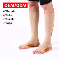 Chaussettes de compression longues à bout ouvert en nylon respirant et sportif pour femmes, hommes et jeunes, à compression graduée 15-20 mmHg, avec fermeture éclair, pour la marche et la course à pied