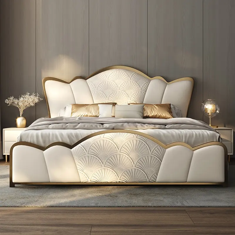 เตียงหนังไมโครไฟเบอร์ที่ทันสมัยพร้อมโครงสแตนเลสสีทองสำหรับเฟอร์นิเจอร์บ้านชุดห้องนอนเตียงขนาดคิงไซส์