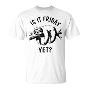 Camiseta de manga corta con cuello redondo para niños pequeños, unisex, con estampado de lazo perezoso y la frase 'Ya es viernes?', para uso promocional - Product Image 1