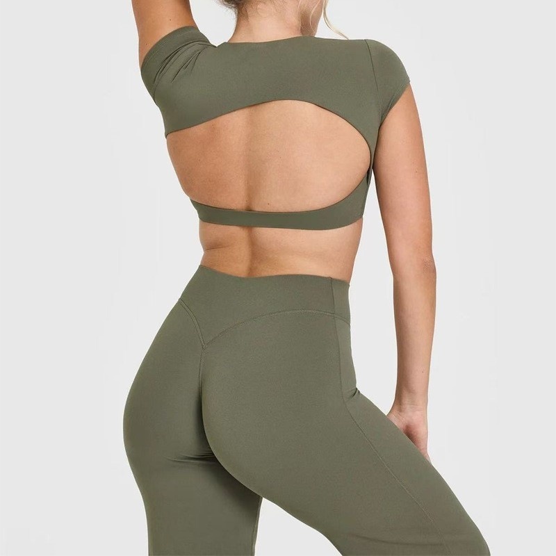 Women's Backless Tight-fitting Spandex/Nylon Solid Short Sleeve Yoga Clothes T-shirt Quick-drying Running Fitness Chest Pads Top