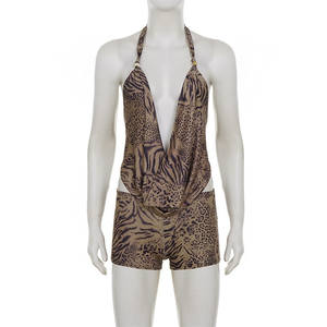 PEEQI MR44587 Nuovo Completo Sexy da <span class=keywords><strong>Donna</strong></span> con Stampa <span class=keywords><strong>Leopardata</strong></span>, Top Senza Schienale con Collo all'Americana e Shorts, Set Due Pezzi - Product Image 5