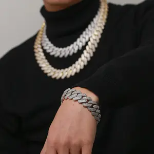 19MM Iced Out S-Lien Prong Miami Cuban Link Chaîne Boîte Boucle 3 Rangée 5A Zircon Bracelet Cheville Hommes Unisexe Bijoux