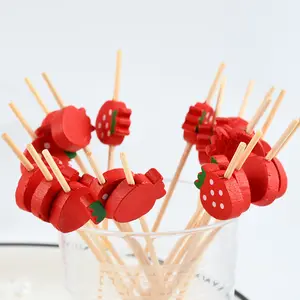 Bamboo biodegradable cocktail picks decorative cartoon food fruits picks mini dessert forks bamboo strawberry fruit pick