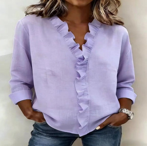 Chemise décontractée pour femmes, à volants, à manches longues respirantes et au design simple, pour le printemps et l'été, nouveau style - Product Image 6