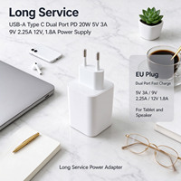 Adaptor Daya USB-A Tipe C Dual Port PD 20W 5V 3A 9V 2.25A 12V 1.8A Colokan EU untuk Tablet dan Pengisi Daya Speaker Telepon