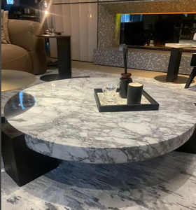 طاولات حجر رخامية بيضاء طبيعية من OEM بشكل دائري مع أرجل خشبية - Product Image 4