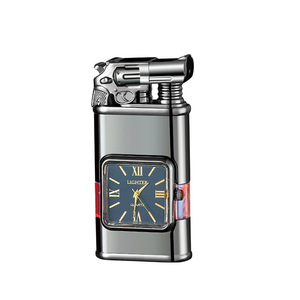 Dual Flame Embossed Quartz Watch Clock Cigarette Lighter Transparent Air Chamber <b>Refillable</b> Butane Windproof Classic Business - Product Image 5