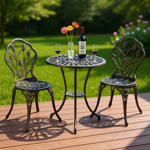 ชุดโต๊ะและเก้าอี้บิสโทรทรงดอกทิวลิป 3 ชิ้น สำหรับใช้งานกลางแจ้ง ทำจากอลูมิเนียมหล่อ สีบรอนซ์ ดีไซน์แบบดั้งเดิม เหมาะสำหรับใช้ในสวน - Product Image 2