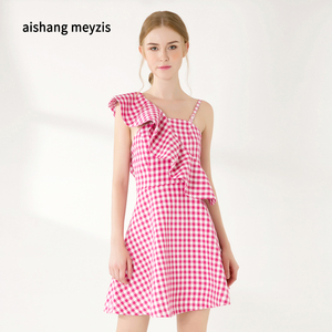2018 Primavera Verano mujeres Plaid <span class=keywords><strong>de</strong></span> oblicuo Collar <span class=keywords><strong>de</strong></span> Mini vestido sin tirantes Slim Casual vestido para damas <span class=keywords><strong>de</strong></span> <span class=keywords><strong>la</strong></span> <span class=keywords><strong>noche</strong></span> - Product Image 2