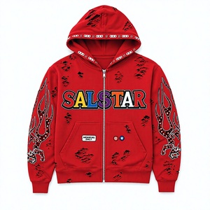 Sweat-shirt à capuche zippé pour homme, personnalisé, avec graphisme en strass rouges, style streetwear, broderie premium, mode hip-hop - Product Image 1