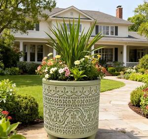 Vente en gros de pots de fleurs en PP de 6 pouces à motif sculpté vintage, <span class=keywords><strong>pieds</strong></span> de <span class=keywords><strong>pot</strong></span> de fleurs en PP, aspect vieilli, légers, durables, avec trou de drainage, pour la maison - Product Image 3
