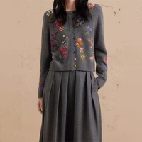 Cárdigan de cuello redondo de moda gris para mujer, flor bordada personalizada, superventas, cárdigan de invierno con patrón sólido al por mayor para mujer