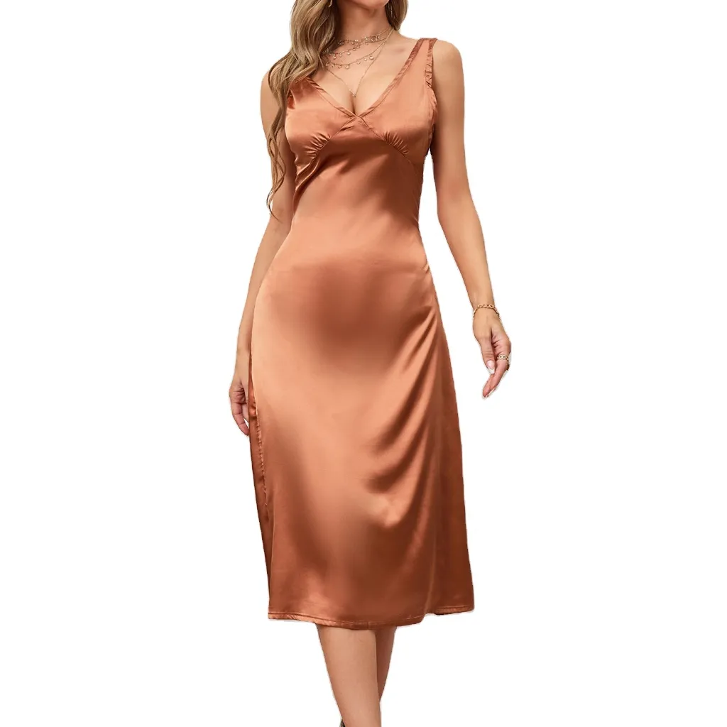 New sexy backless solid color silk slim dress banquet vest long skirt dress skirt