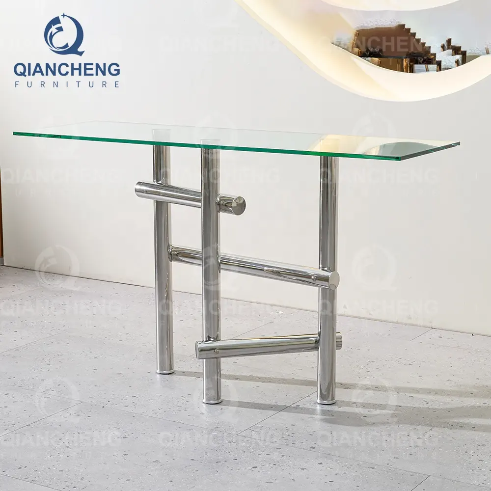 Mesa de consola de cristal con base de acero inoxidable, mueble moderno italiano para el hogar, gran oferta