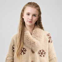 Cardigan en tricot pour filles avec col en fausse fourrure, motif flocon de neige jacquard, boutons en corne, coupe ample, court, pour enfants