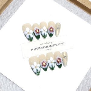 Ongles en acrylique faits main de haute qualité, colorés, style français, ongles artificiels rêveurs en amande, à presser - Product Image 2