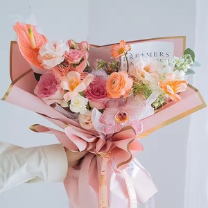 Incontrare san valentino fiori regalo carta da imballaggio impermeabile bordo oro rosa bouquet serie fiorista - Product Image 5