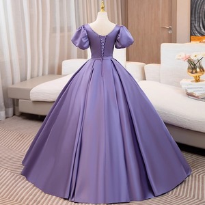 Purple Long Skirt Performance Dress Deep V Neck Puffy Sleeve Women Stage Wear - Product Image 4