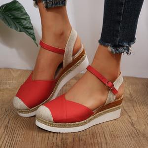 Dropshipping New <b>Summer</b> Plus Size Women's <b>Heeled</b> Elastic Open Toe <b>Wedge</b> Platform Shoes Slip-On Closure PU Insole Outdoor Wear - Product Image 4