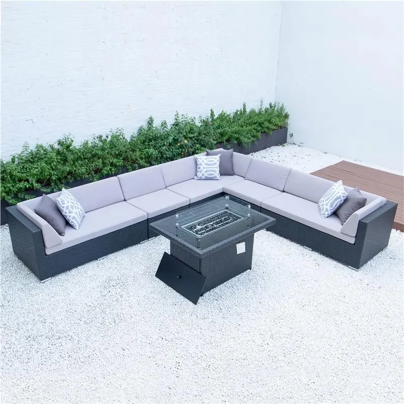 Nordic Hotel Terrace Leisure Outdoor Furniture Sofa Set Rattan Garden Sofa With Fire Fit Table