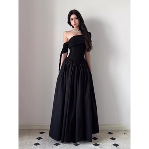เดรสยาวผ้าซาตินสีดำแบบเปิดไหล่ ทรงเอไลน์ เอวสูง ชุดราตรีสีพื้น ชุดออกงานสไตล์วินเทจ ระบายอากาศได้ดี แห้งเร็ว - Product Image 3