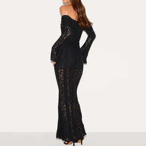 Vestido Maxi Negro de Encaje con Hombros Descubiertos, Estilo Gótico Sexy, Ropa Personalizada de Fábrica Wisrise para <span class=keywords><strong>Mujer</strong></span> - Product Image 2