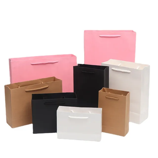 Bolso de mano con diseño colorido personalizado de alta calidad, bolsa de cartón para Compras con tu logotipo, rosa, marrón y negro