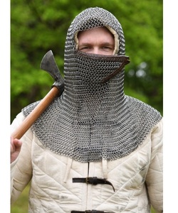 Coif de malla de acero con ventilación triangular, acabado natural, hecho a mano, protector medieval para cabeza y cuello, de malla de anillos de acero de alta resistencia. - Product Image 1