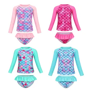 2024 Hot Summer Beach Style 2 Pieces Mermaid Print Swimming Long Sleeve Shirts & Shorts Baby Girls Swimwear