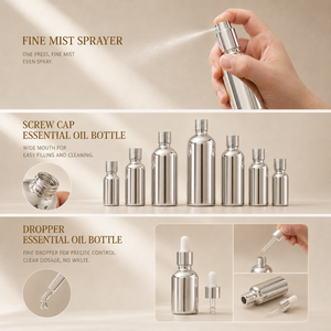 Botella de Vidrio Cosmética Plateada al por Mayor OEM <span class=keywords><strong>con</strong></span> Pulverizador de Niebla Fina, Bola Rodante y Gotero <span class=keywords><strong>para</strong></span> Perfumes y Aceites Esenciales, Logotipo Personalizado - Product Image 3