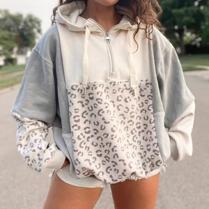 <span class=keywords><strong>Felpa</strong></span> da Donna con Patchwork Leopardato, Ampia con Mezza Zip e Cappuccio, Tasca a Marsupio - Product Image 4